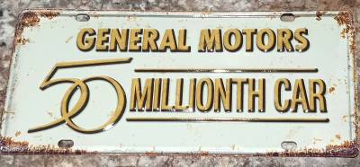 General Motors 50,000,000th Golden 1955 Chevy Motorama Collectible Metal License Plate Patina Finish
