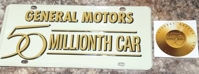General Motors 50,000,000th Golden 1955 Chevy Motorama Collectible Metal License Plate & Decal Package