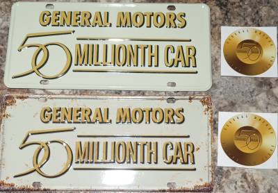 General Motors 50,000,000th Golden 1955 Chevy Motorama Collectible Metal License Plates & Decals Package - 4 Pieces